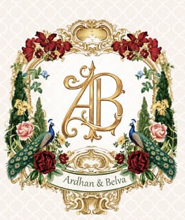 Monogram AB, Ardhan & Belva, dengan hiasan bunga dan sepasang merak